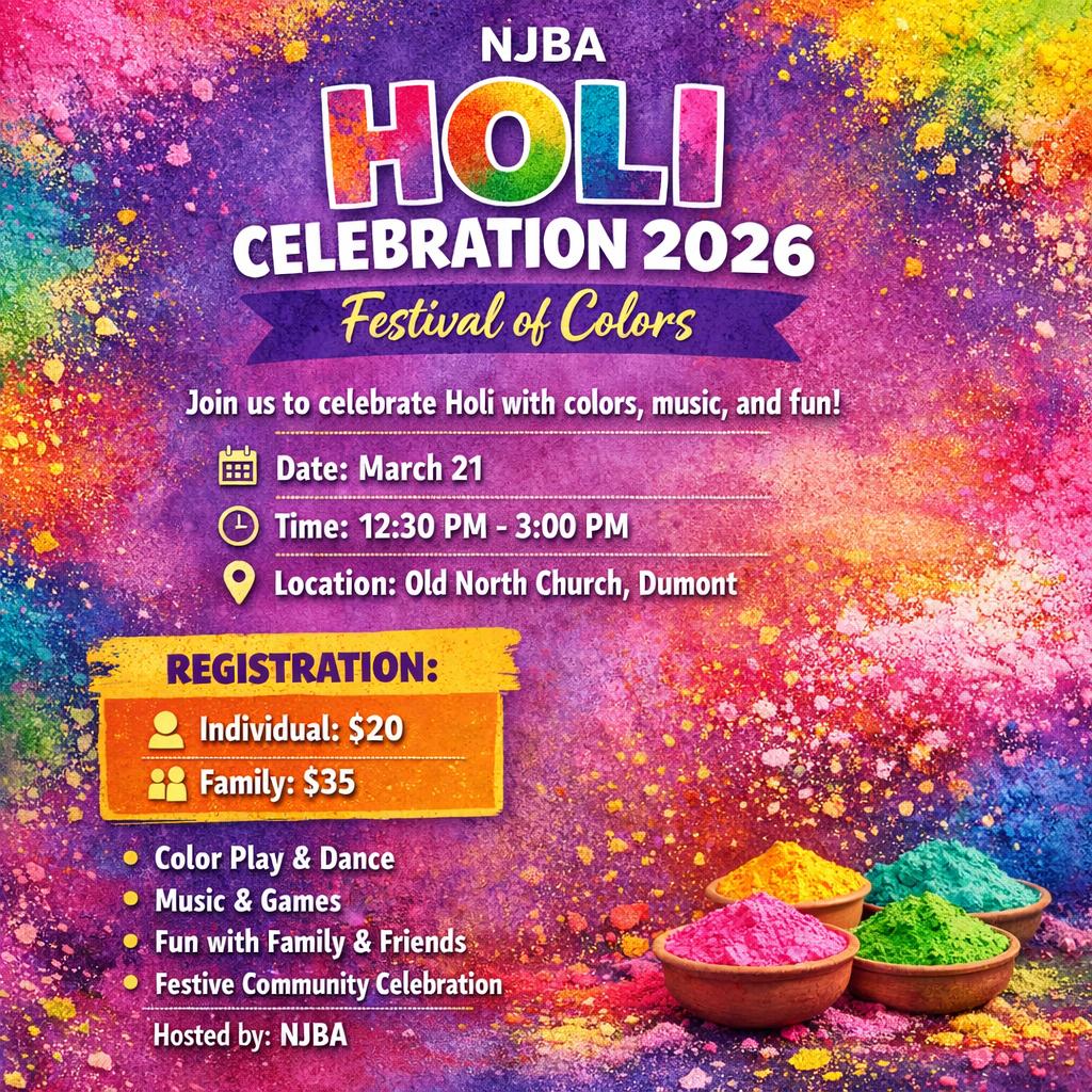 NJBA Holi Celebration 2026 flyer